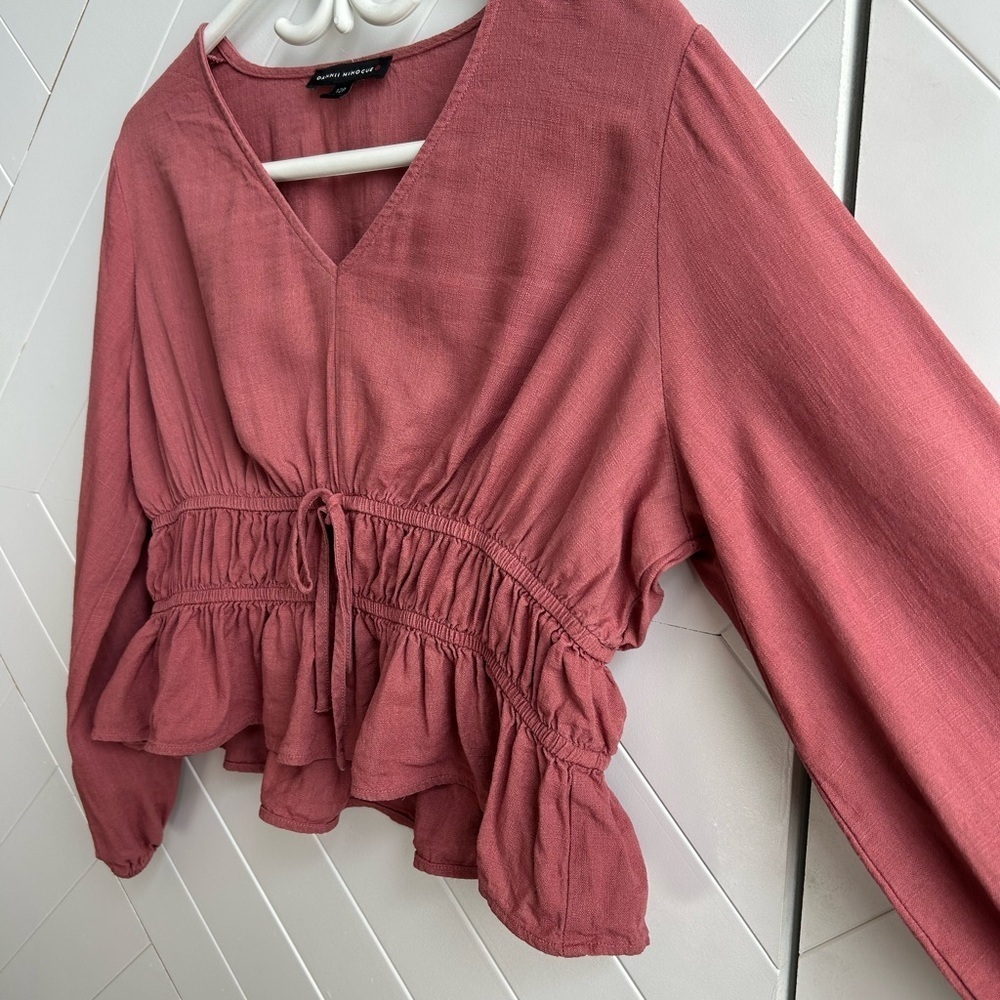 $10 item! Dusty Rose Puff Sleeve tie front linen blend Women's Top size 12P - Picture 6 of 8